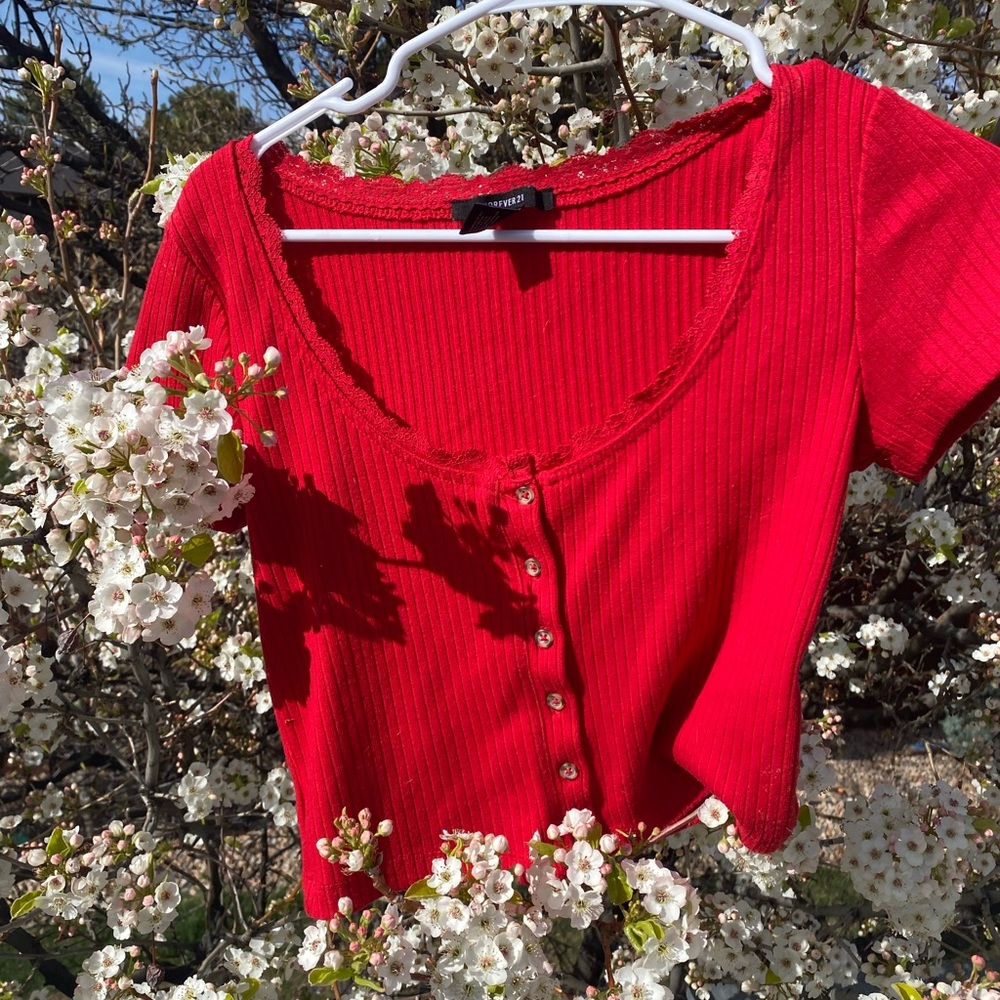 Red Ribbed Button-Up Blouse - Picture 3 of 7